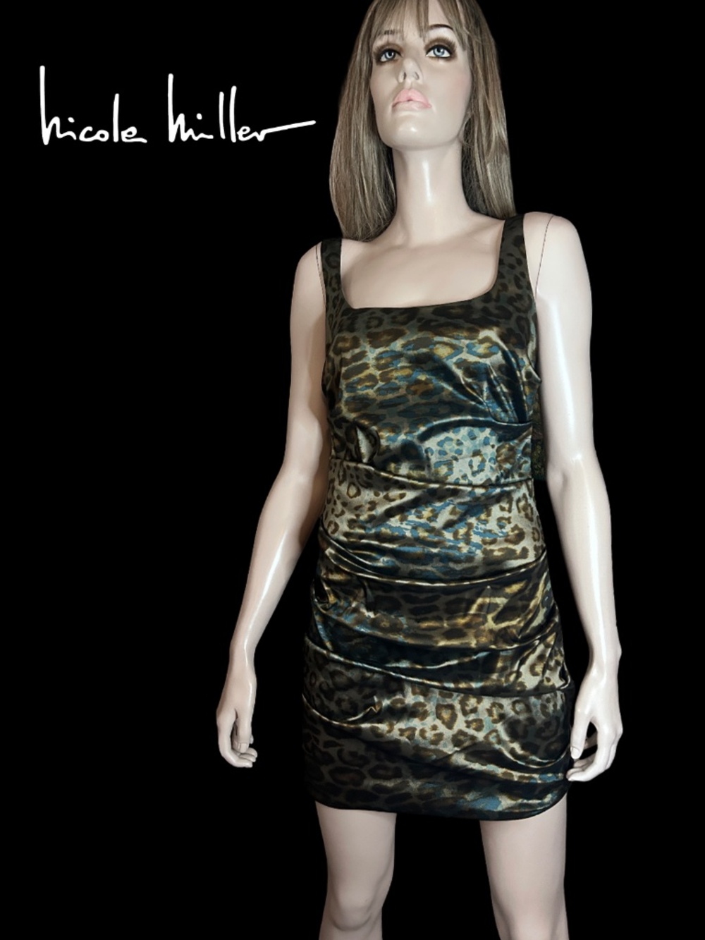 Nicole Miller Gold Label Ruched Dress Iridescent Animal Print Cocktail Made USA